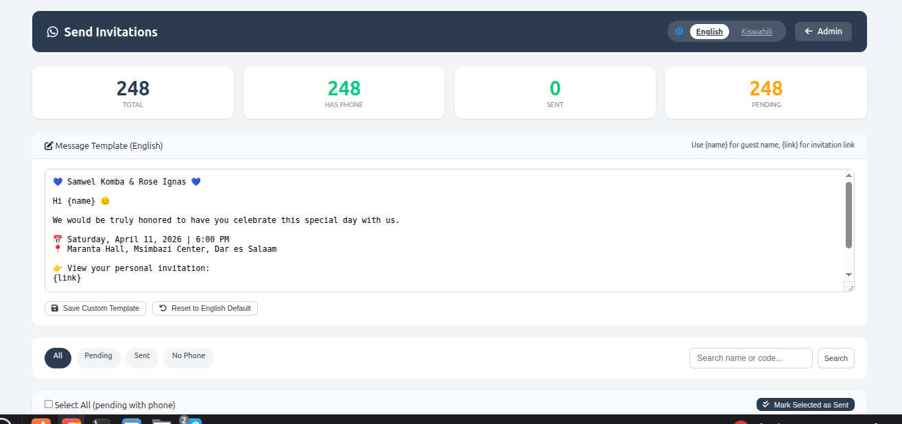 GoSaed event management dashboard — 248 guests, live stats